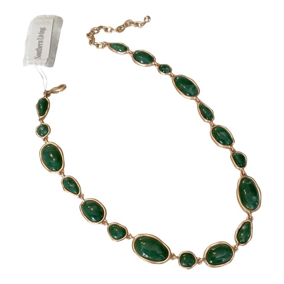 Southern Living Brushed Gold Tone Jade Green Resin Cab 16 Inch Necklace - Picture 3 of 14